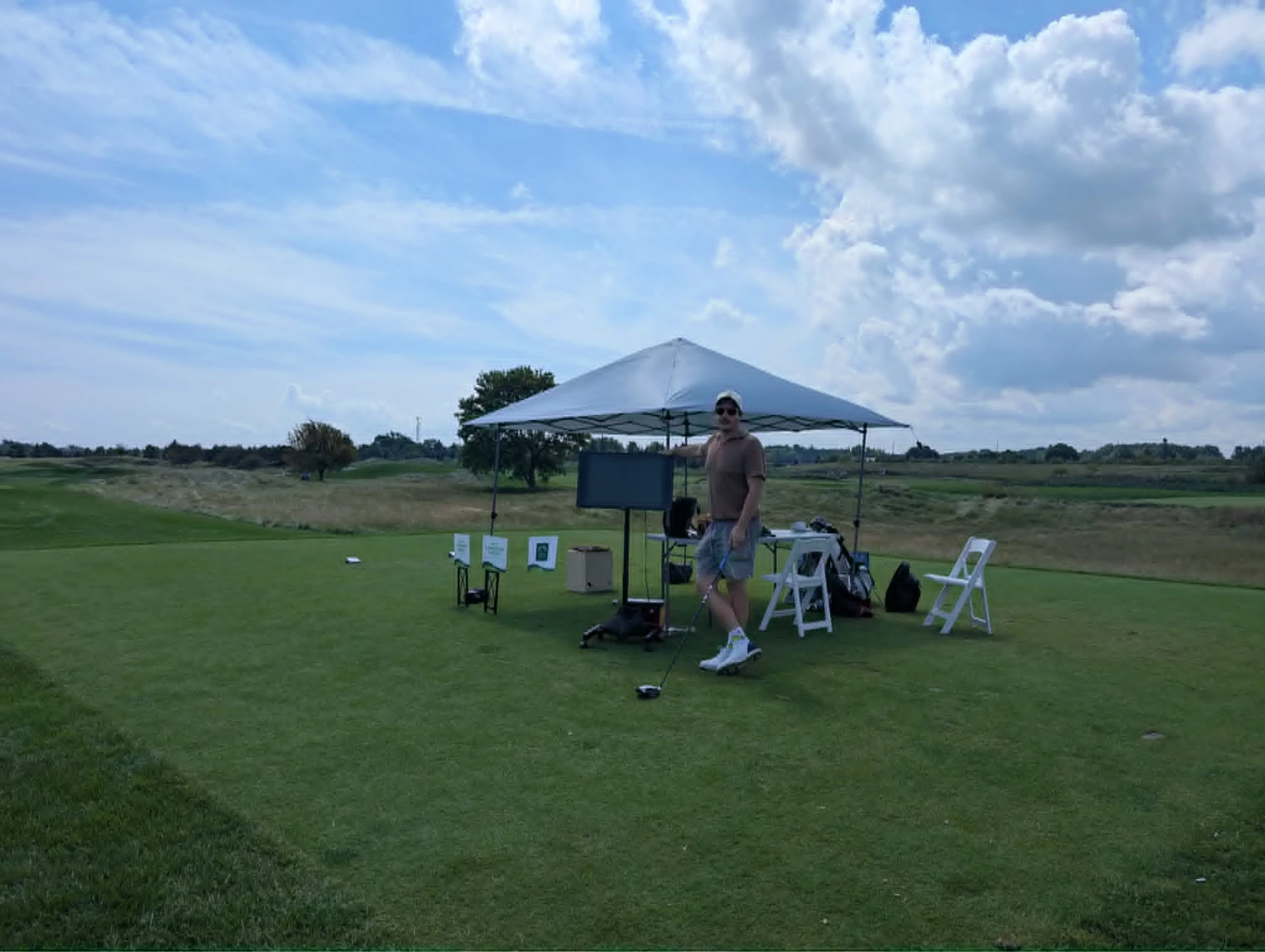 TrackMan on-course activation on a golf green with a branded tent