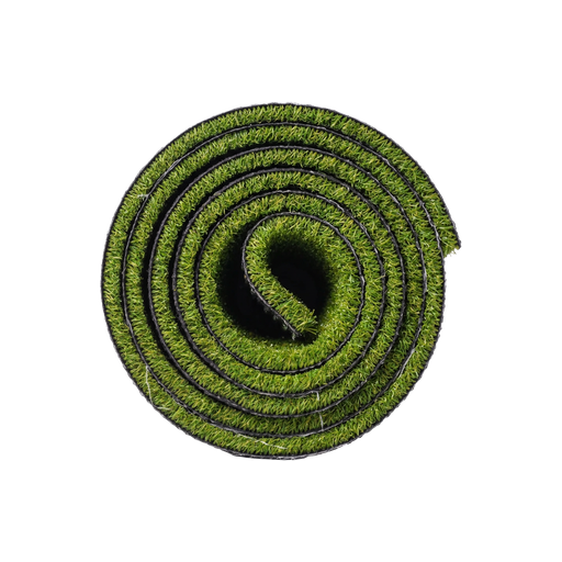 Roll of artificial turf showing dense green blades and black backing