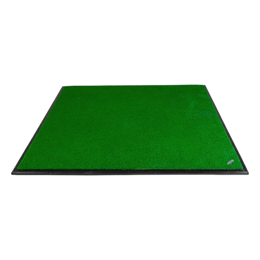 Golf hitting mat with green turf on a black rubber base